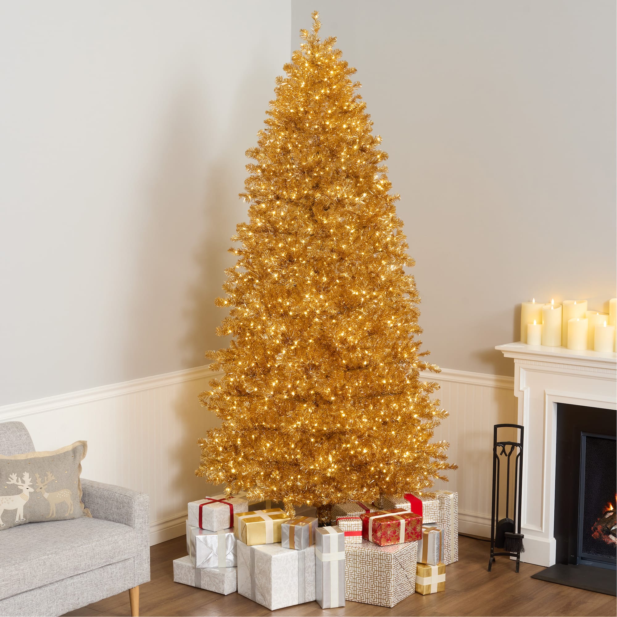 9ft. Pre-Lit True Gold Metallic Artificial Christmas Tree, White LED Lights